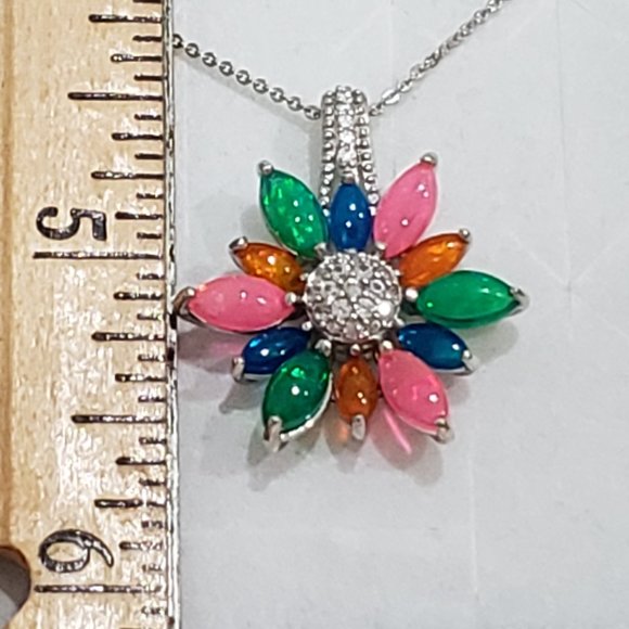 Colored Welo Opal & White Zircon pendant 20 inch in Platinum over 925SS 3.60 cts - Picture 3 of 6
